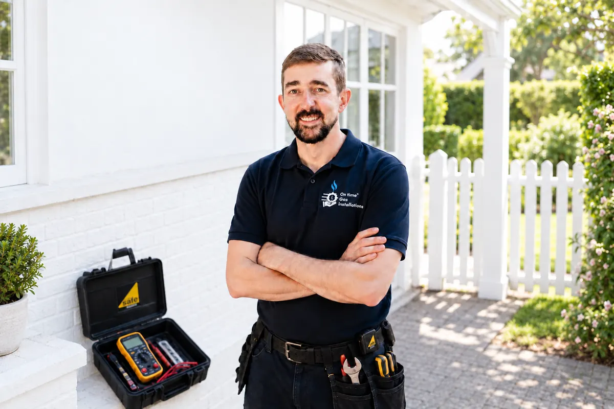 Qualified installer carefully connecting a modern gas hob in a contemporary kitchen